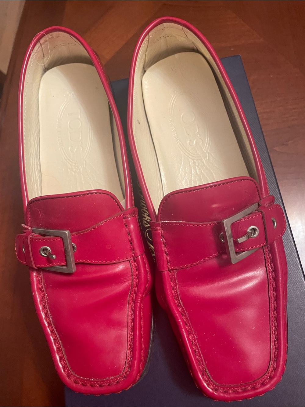Red Leather Women’s Slip-On Loafers with Buckle